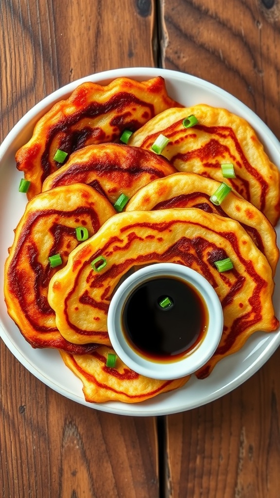 Crispy kimchi pancakes on a plate with dipping sauce and garnished with green onions.